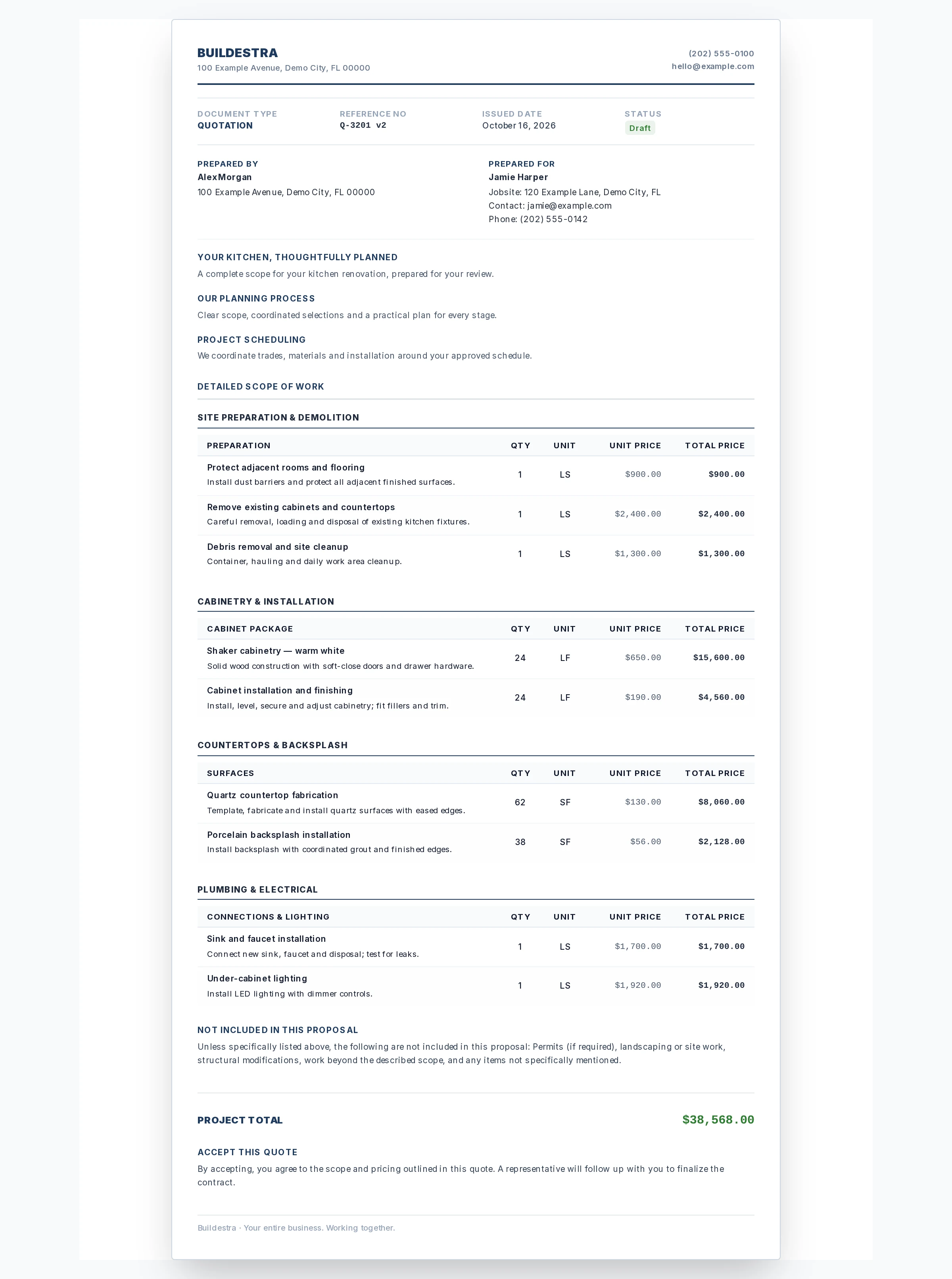Buildestra customer proposal showing fictional demonstration data