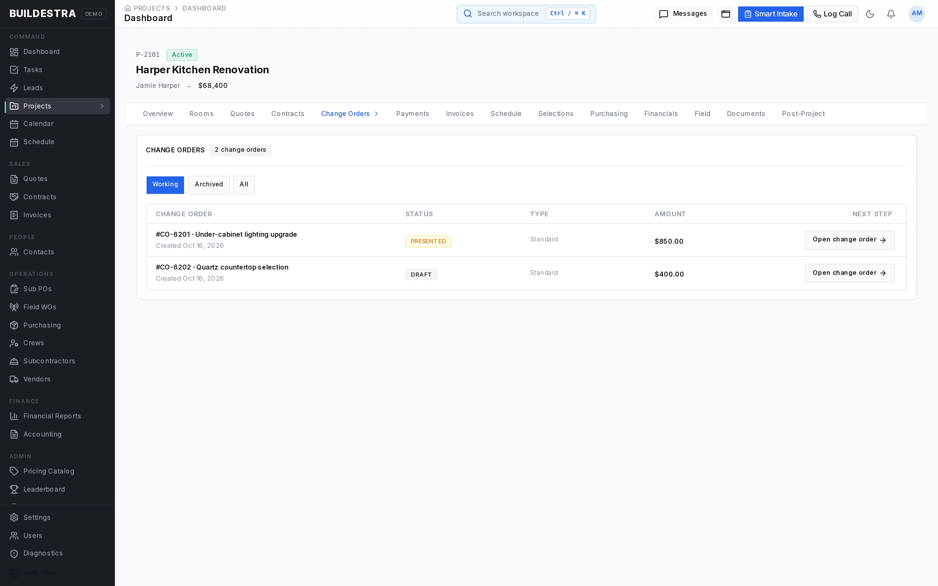 Buildestra change orders showing fictional demonstration data