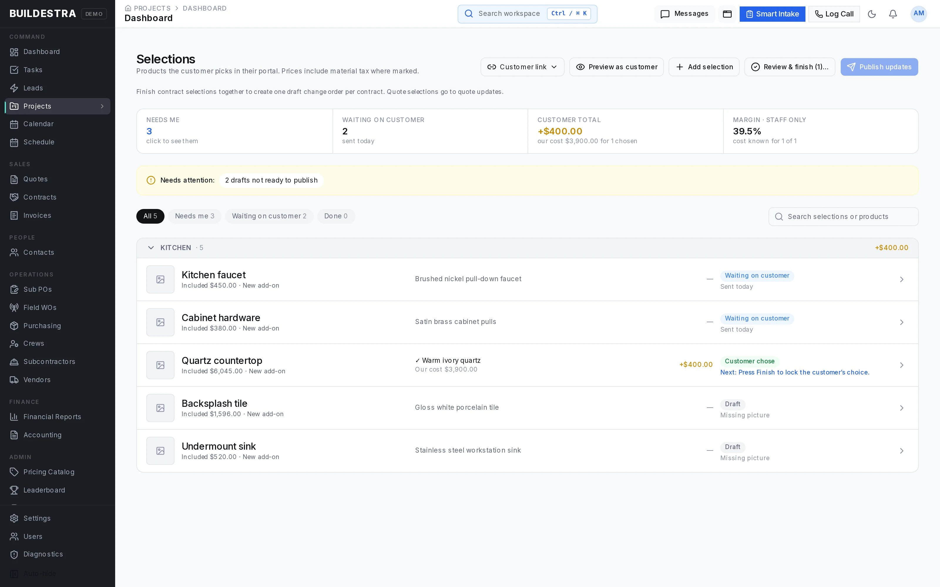Buildestra customer selections showing fictional demonstration data