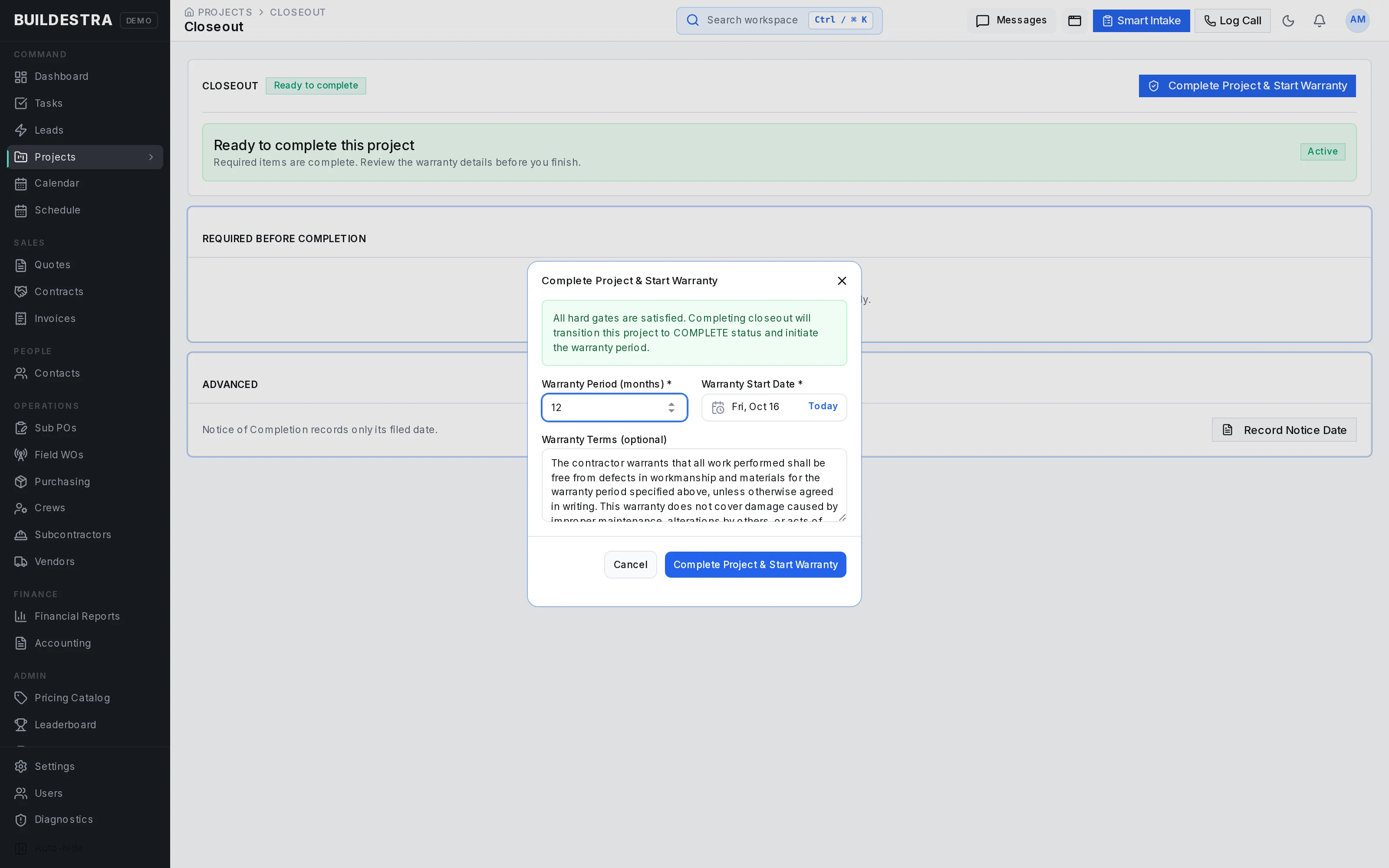 Buildestra closeout and warranty showing fictional demonstration data