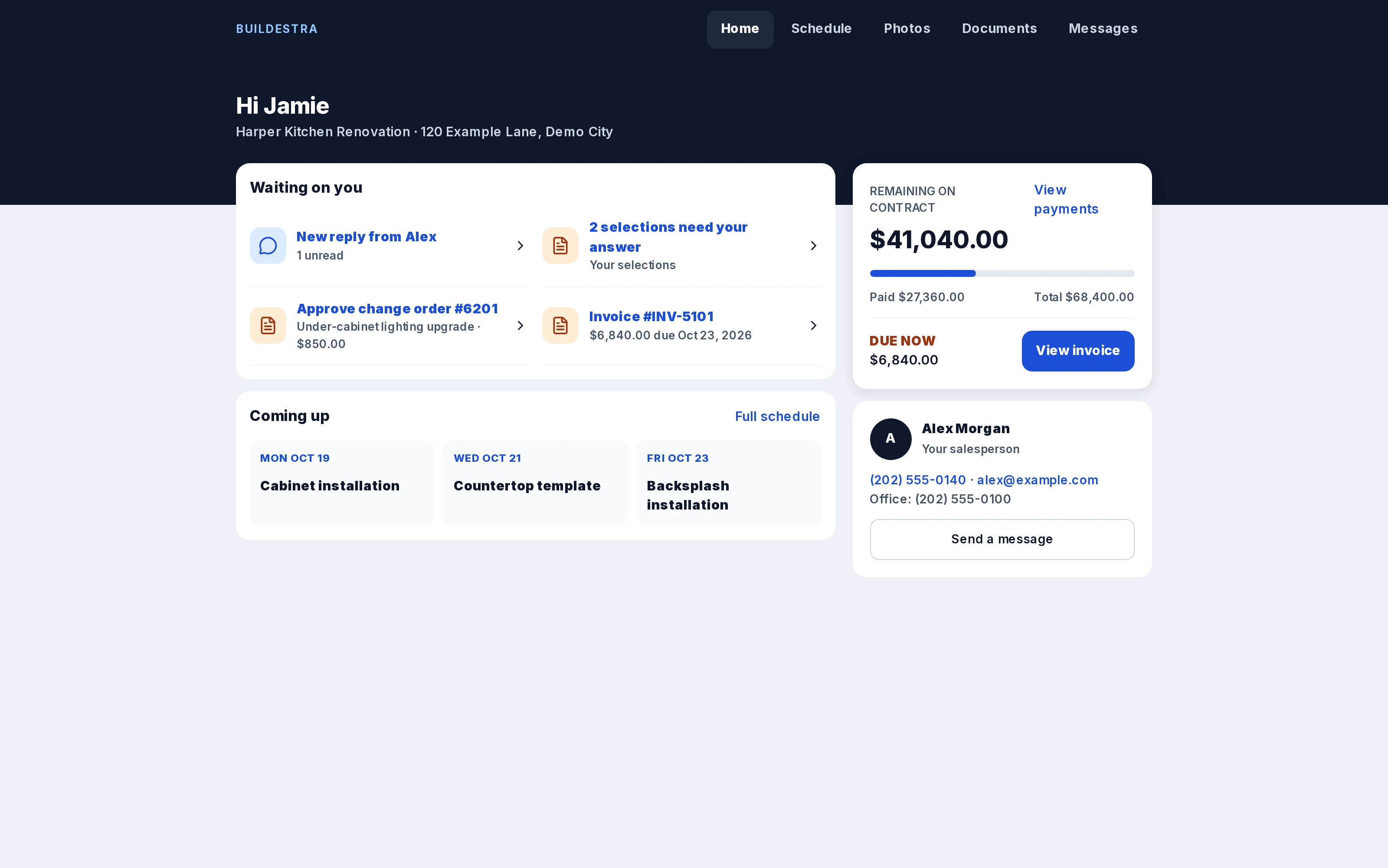 Buildestra customer portal showing fictional demonstration data