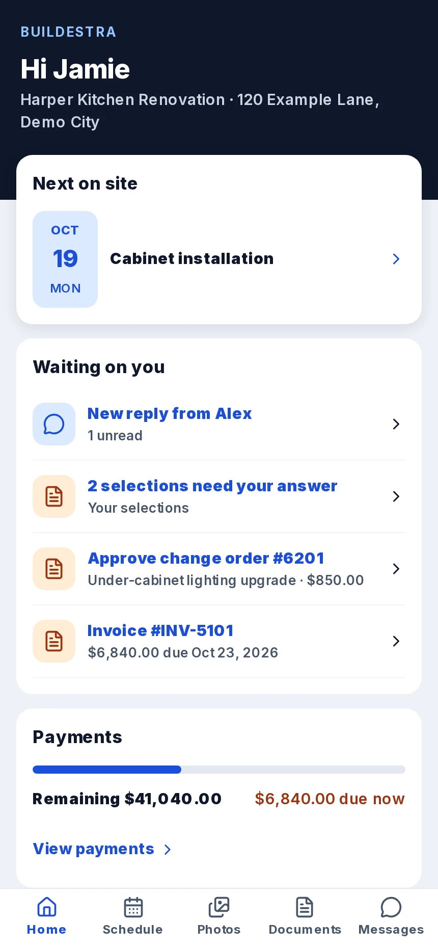Buildestra mobile customer portal showing fictional demonstration data