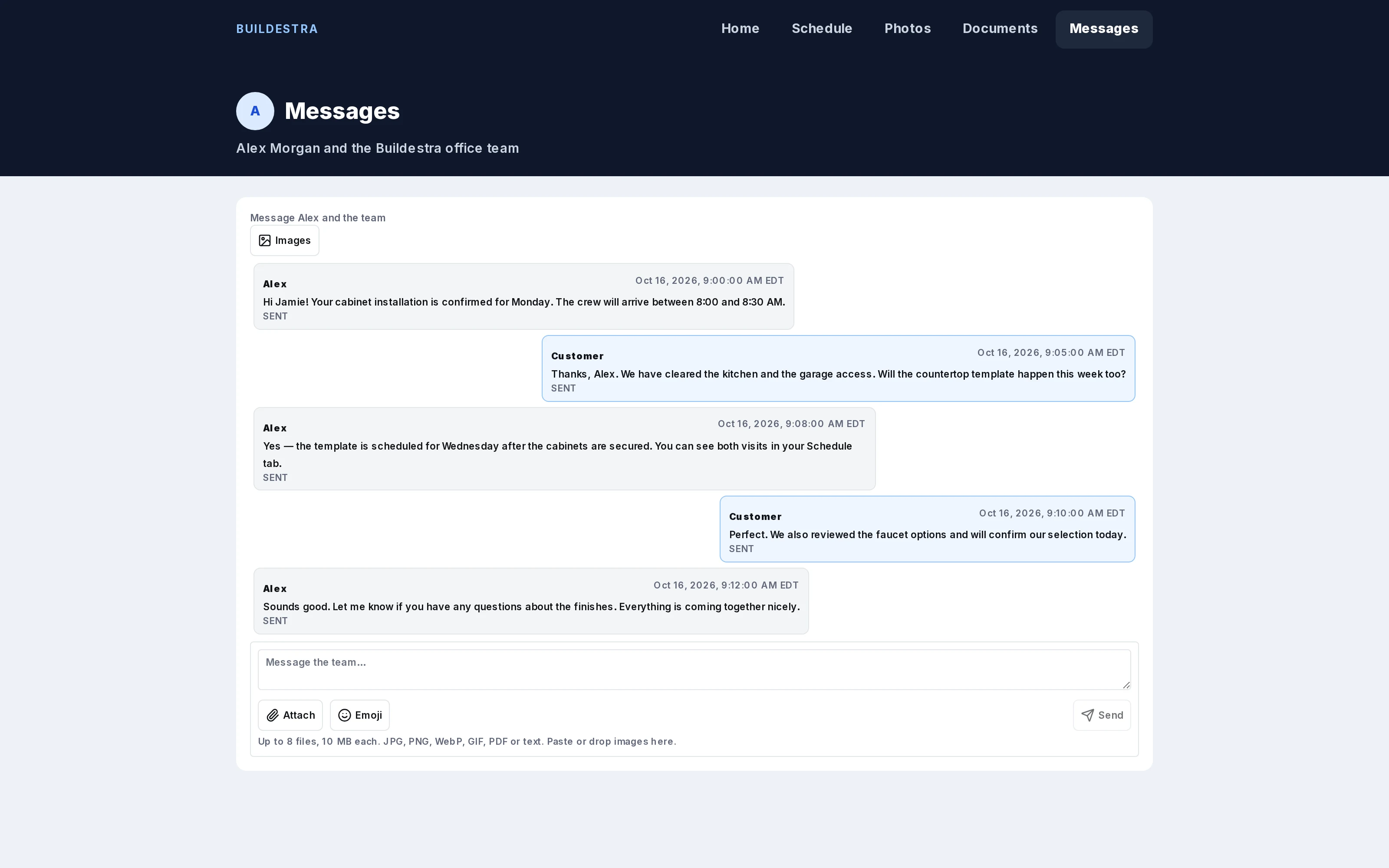 Buildestra customer messaging showing fictional demonstration data
